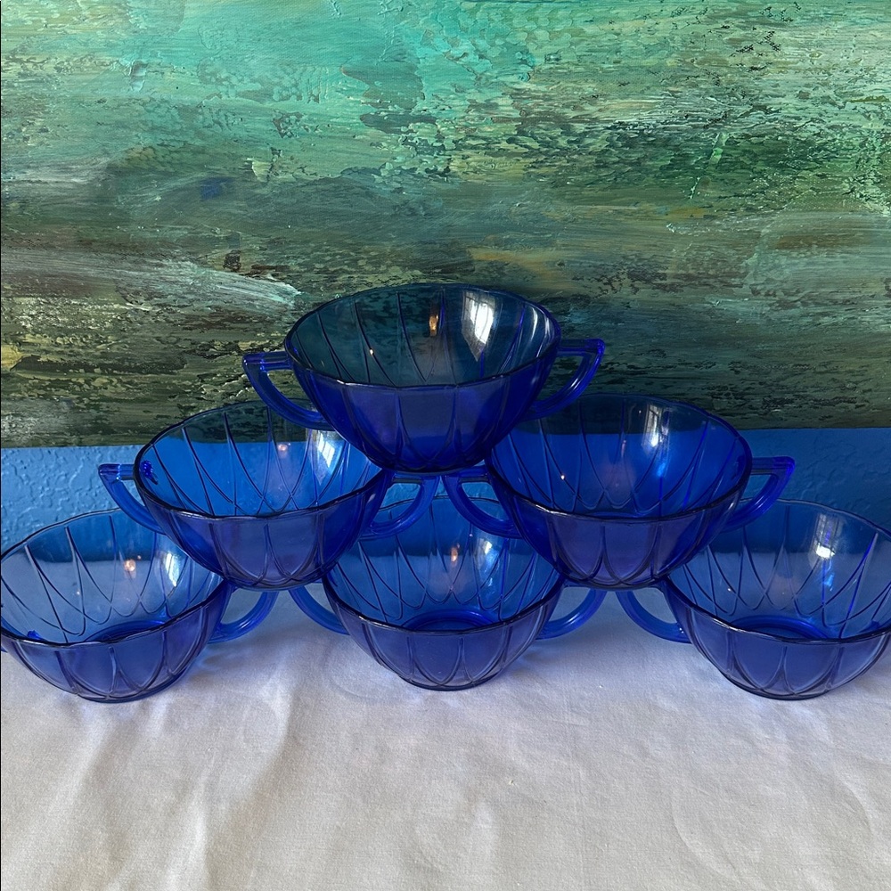 6 vintage Hazel-Atlas Newport "Hairpin" cobalt blue soup/ dessert bowl